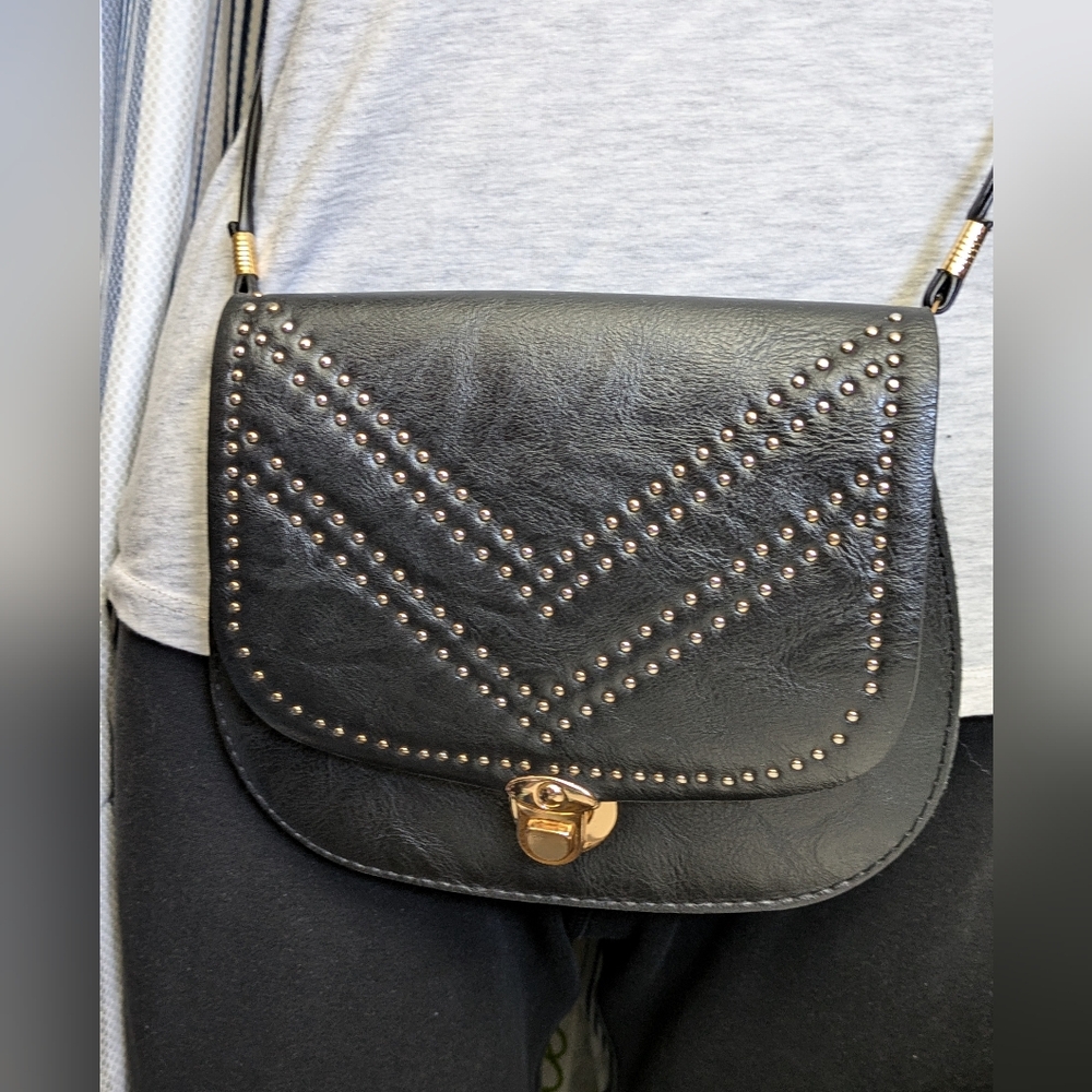 Cute Black Studded Cross Body Bag Purse Bohemian Grunge Goth Casual